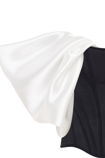SOPHISTICATED BLACK FITTED CORSET WITH WHITE SATIN OFF-THE-SHOULDER SLEEVES, MIDNIGHT WALK