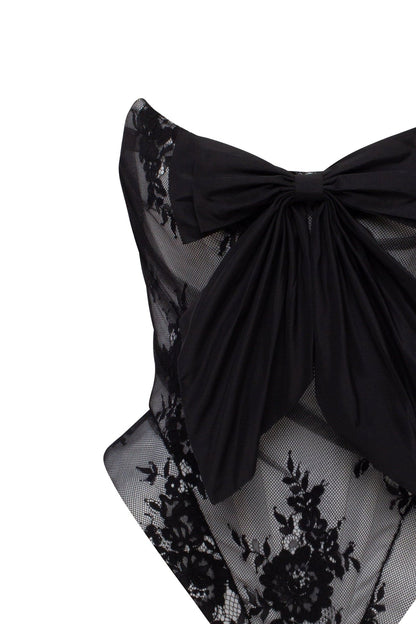 BLACK LACE OVER THE WHITE MESH PEPLUM CORSET WITH AN OVERSIZED BOW, PARISIENNE
