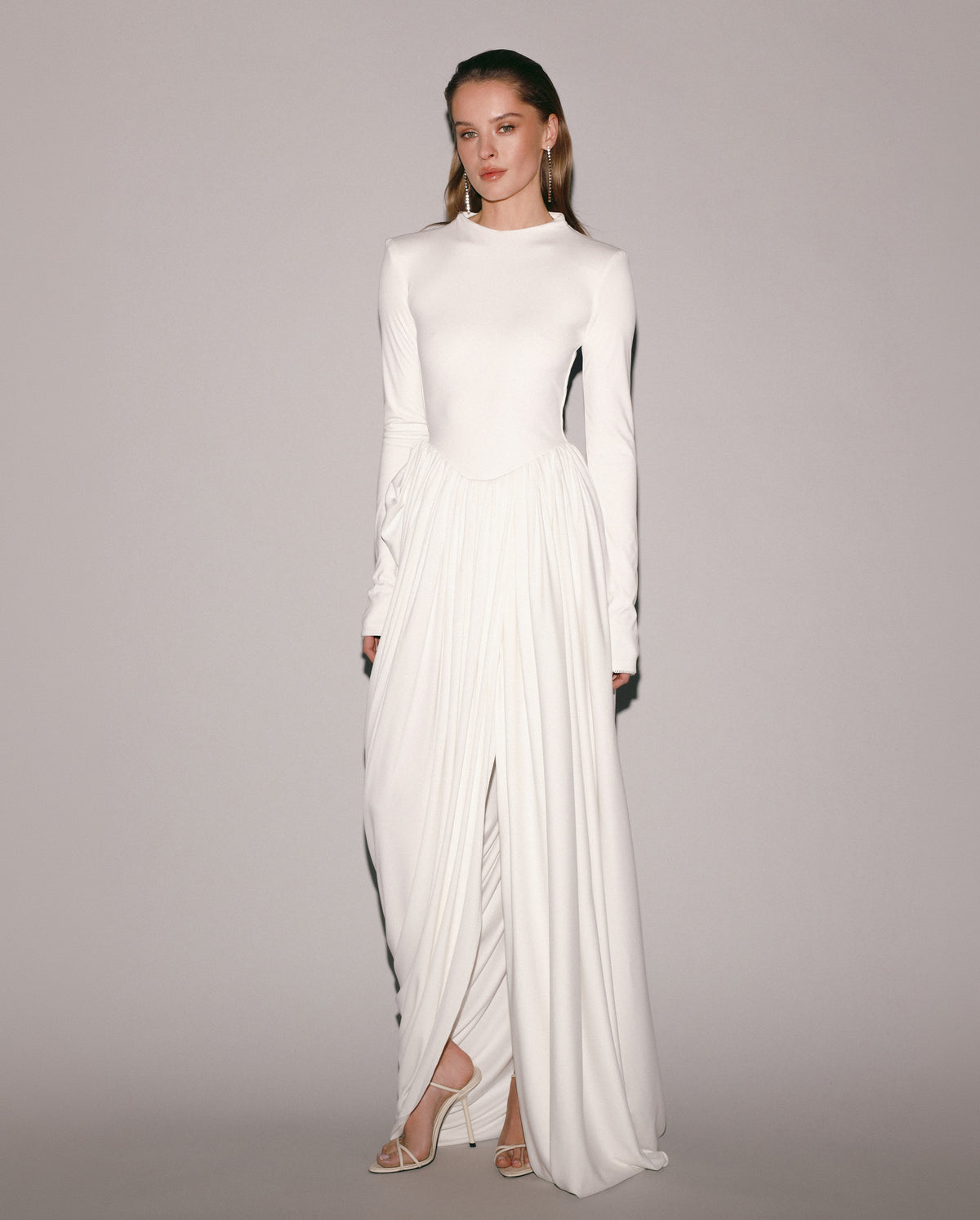WHITE MAXI DRESS WITH SLIT AND LONG SLEEVES