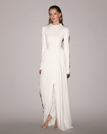 WHITE MAXI DRESS WITH SLIT AND LONG SLEEVES