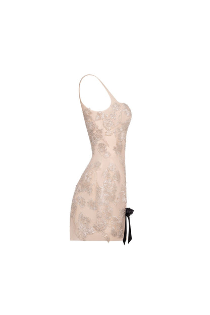 FITTED NUDE MINI DRESS WITH BOWS