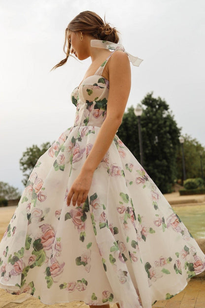TENDER FLORAL MIDI TIE-STRAP DRESS