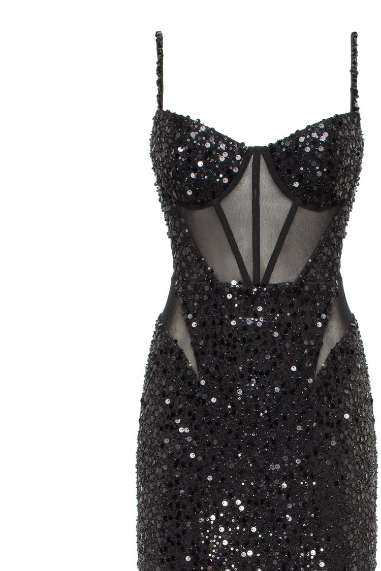 SENSATIONAL BLACK MAXI ON SPAGHETTI STRAPS COVERED IN SEQUINS, SMOKY QUARTZ