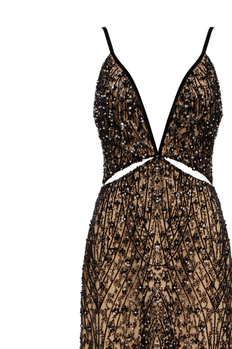 GALA-WORTHY BEIGE MAXI DRESS COVERED IN BLACK SEQUINED ORNAMENT, SMOKY QUARTZ