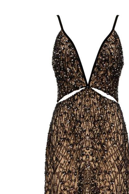 GALA-WORTHY BEIGE MAXI DRESS COVERED IN BLACK SEQUINED ORNAMENT, SMOKY QUARTZ