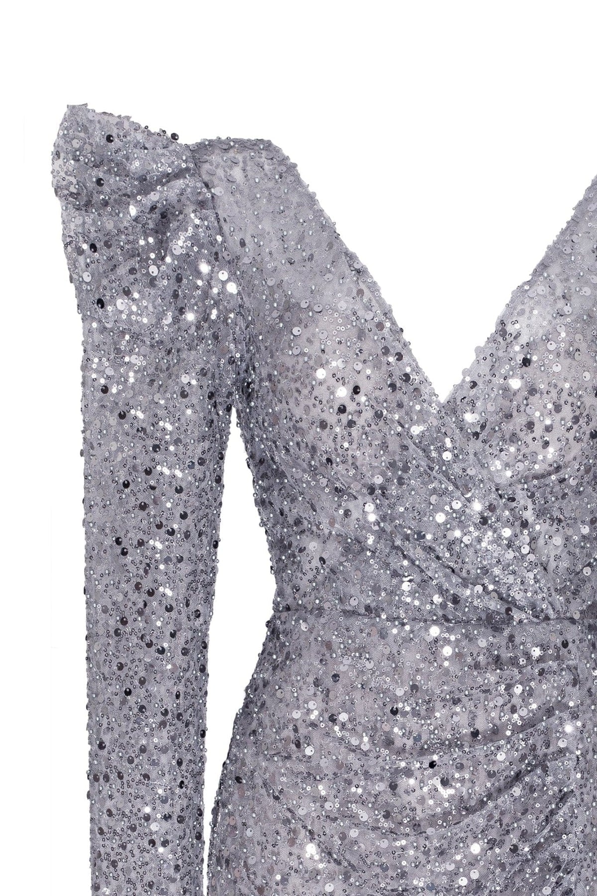 SILVER METALLIC LONG-SLEEVE SEQUINED MINI DRESS