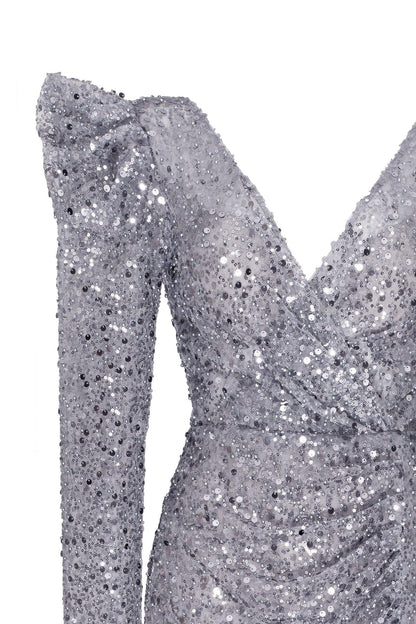 SILVER METALLIC LONG-SLEEVE SEQUINED MINI DRESS