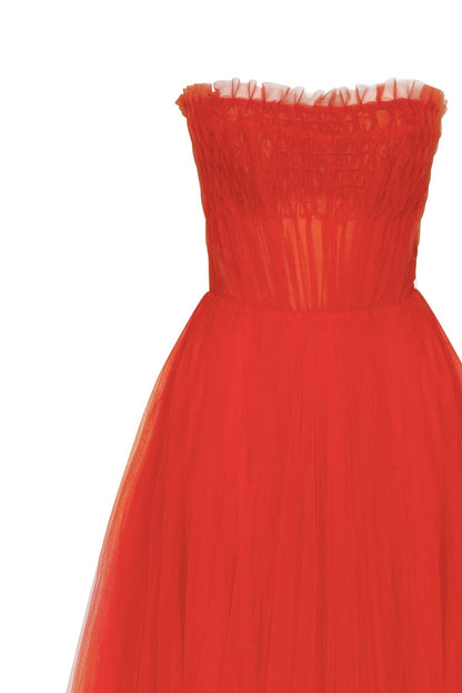 AIRY TULLE MAXI DRESS IN FIERY CORAL