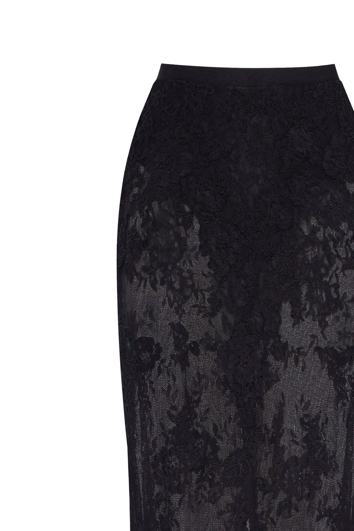 SENSUAL SEMI-SHEER MAXI SKIRT CRAFTED FROM BLACK FLORAL LACE, PARISIENNE