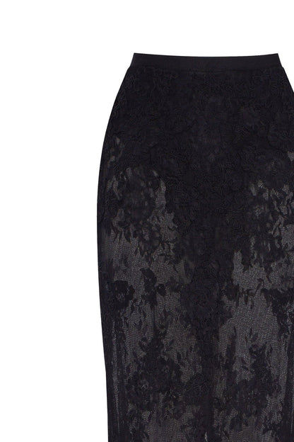 SENSUAL SEMI-SHEER MAXI SKIRT CRAFTED FROM BLACK FLORAL LACE, PARISIENNE