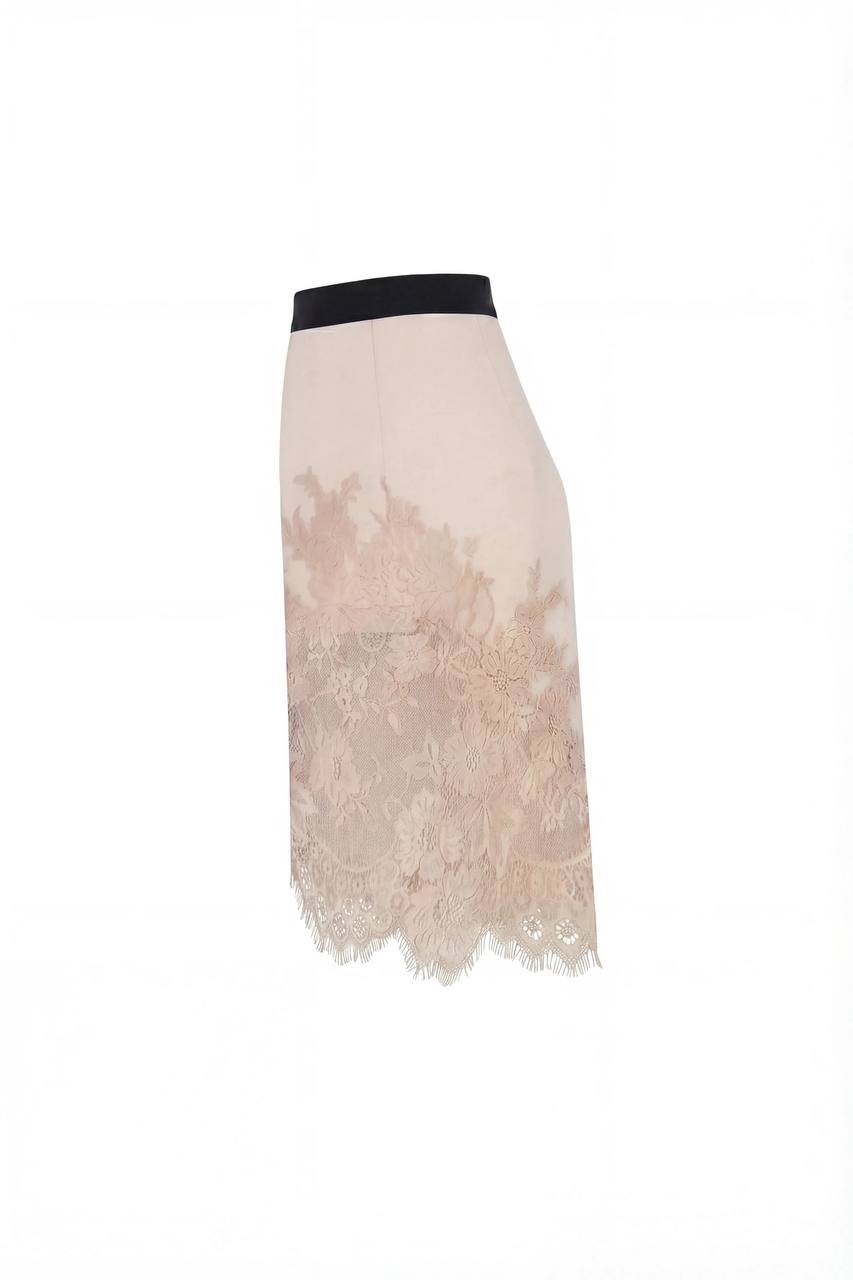 FITTED BEIGE MINI SKIRT ADORNED WITH LACE, PARISIENNE