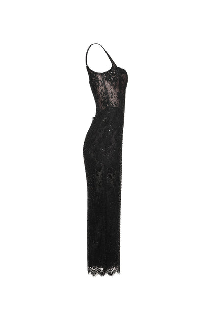 BLACK LACE SEQUINNED DRESS