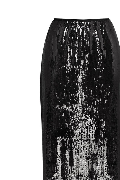 DRAMATIC FITTED SEQUINED BLACK MAXI SKIRT, MIDNIGHT WALK