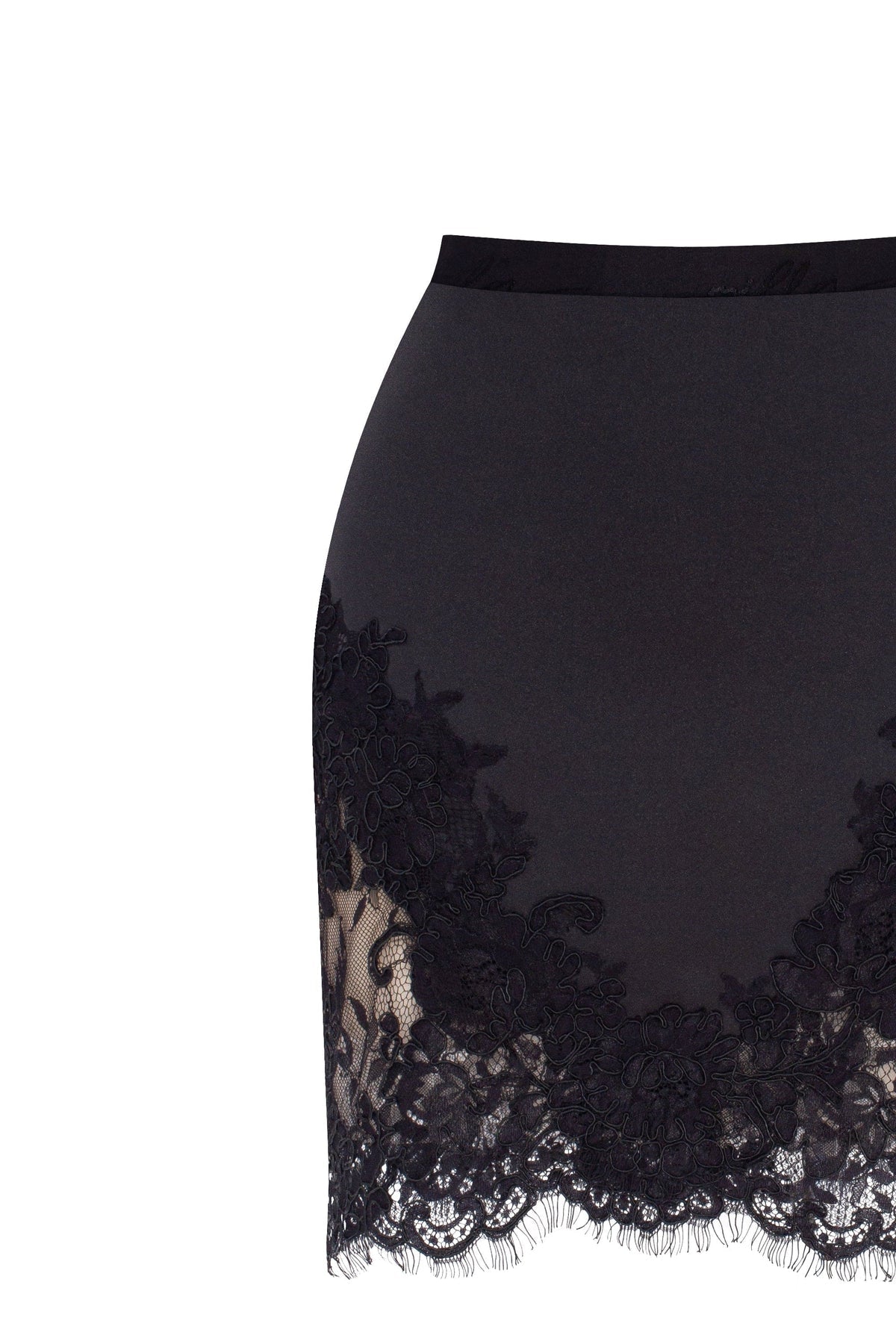 FITTED OBSIDIAN MINI SKIRT ADORNED WITH LACE, PARISIENNE