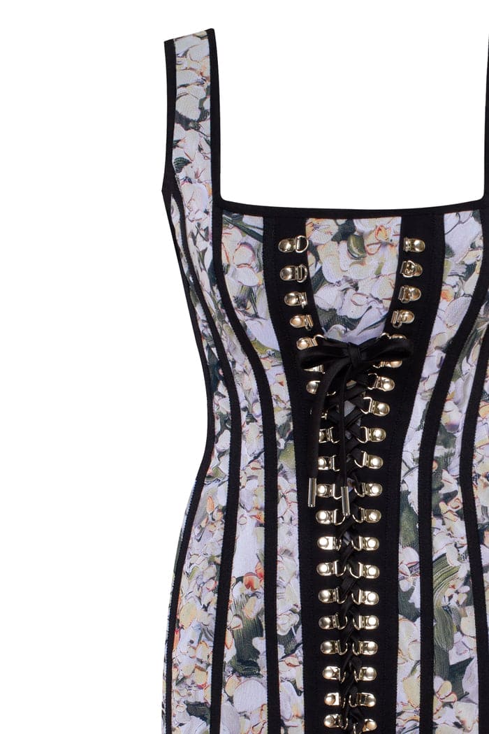 ALLURING FLORAL MINI DRESS WITH BOLD LACE-UP HOOK CLOSURE