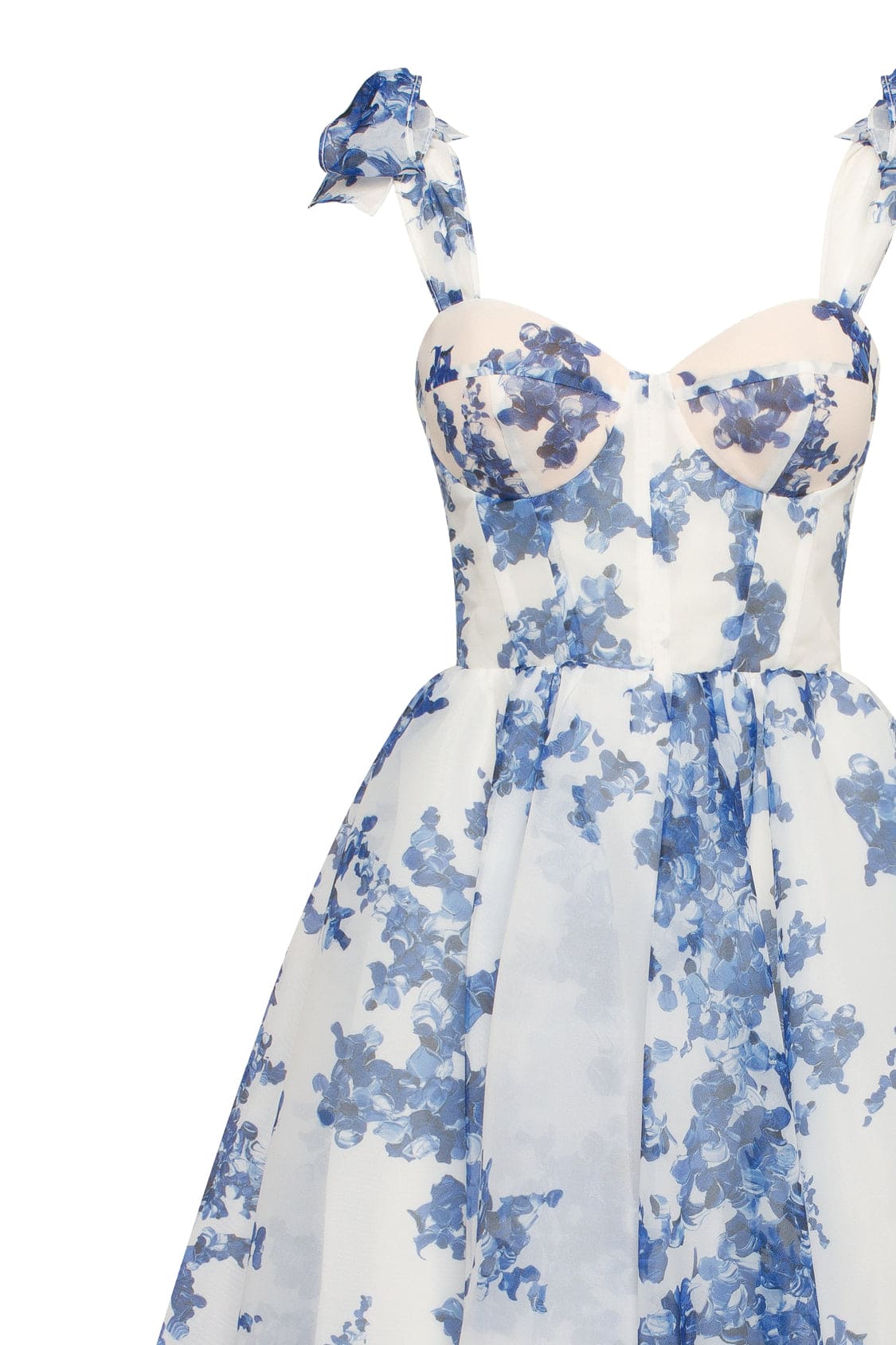 CHARMING BLUE HYDRANGEA-PATTERNED ORGANZA MIDI DRESS, GARDEN OF EDEN