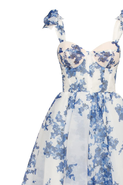 CHARMING BLUE HYDRANGEA-PATTERNED ORGANZA MIDI DRESS, GARDEN OF EDEN