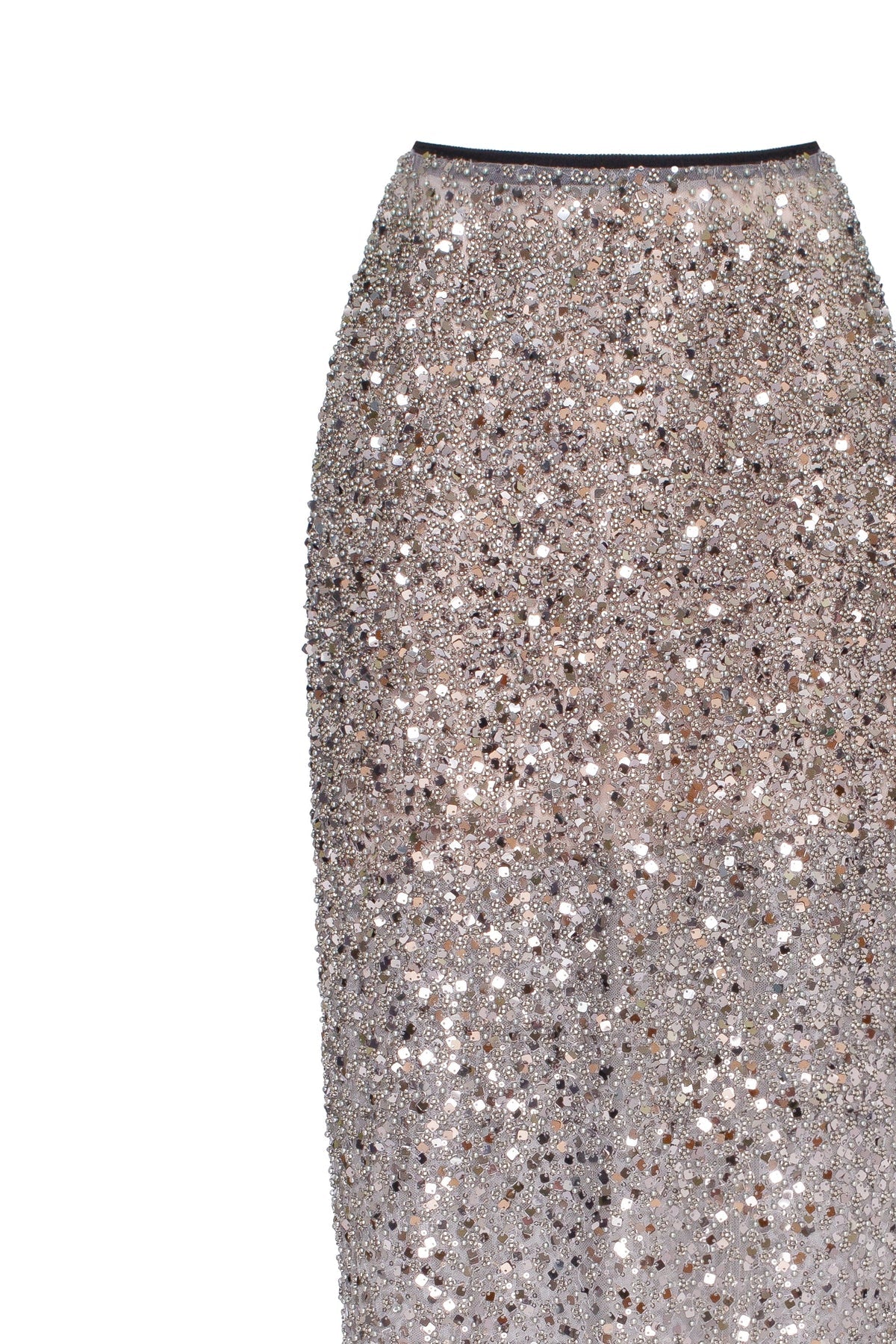 SHOWSTOPPER FULLY SEQUINED SILVER FITTED MAXI SKIRT, MIDNIGHT WALK