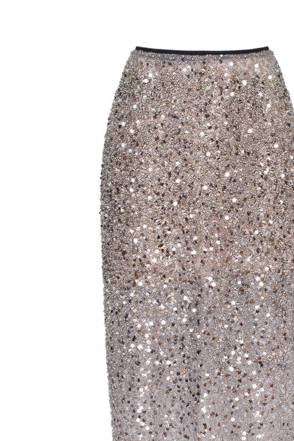 SHOWSTOPPER FULLY SEQUINED SILVER FITTED MAXI SKIRT, MIDNIGHT WALK