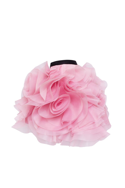 DANCEABLE MINI SKIRT WITH RUCHED FLOWER APPLIQUES IN PINK, MIDNIGHT WALK