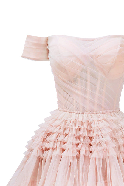 MISTY ROSE OFF-THE-SHOULDER FRILL-LAYERED GOWN