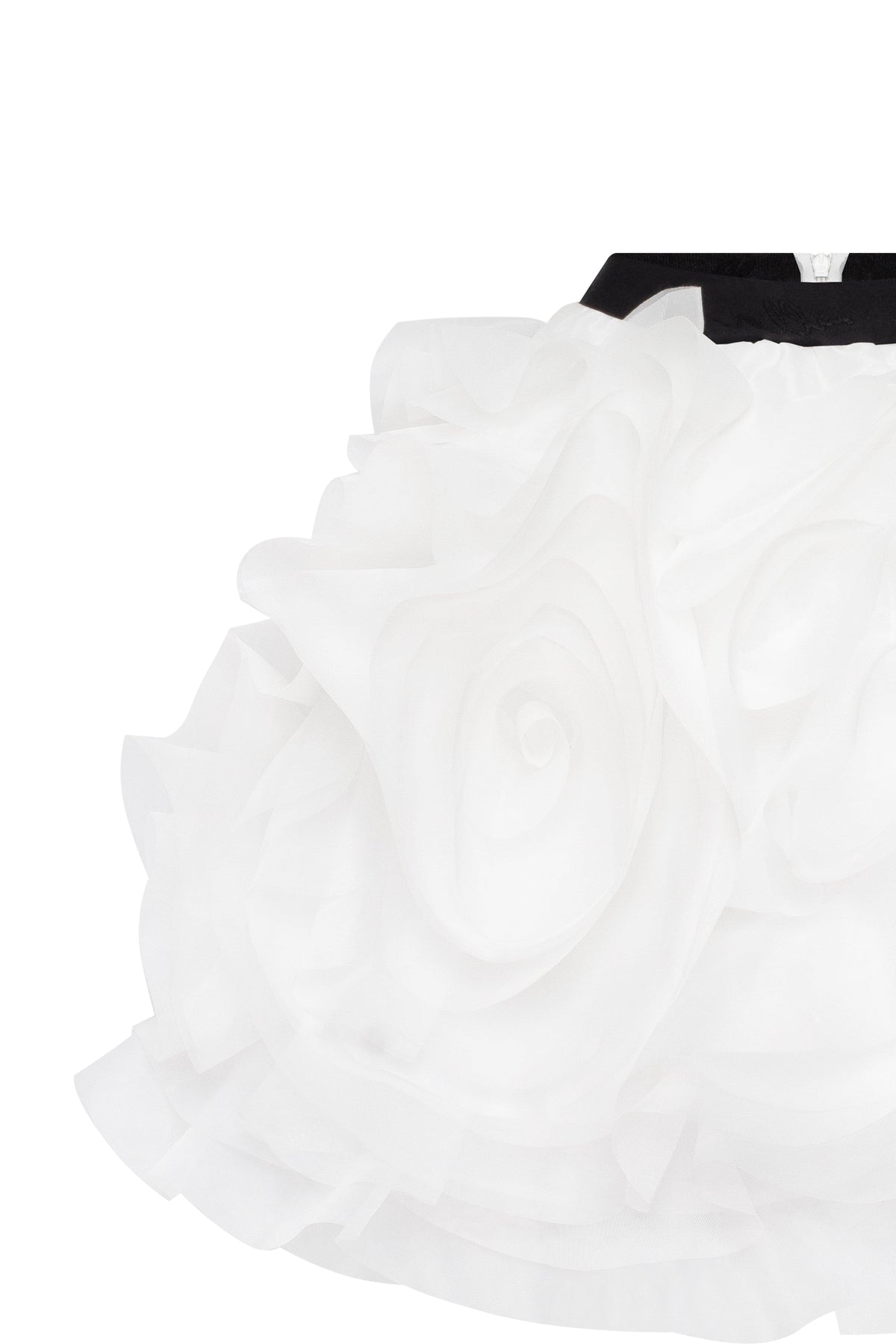 DANCEABLE MINI SKIRT WITH RUCHED FLOWER APPLIQUES IN WHITE, MIDNIGHT WALK