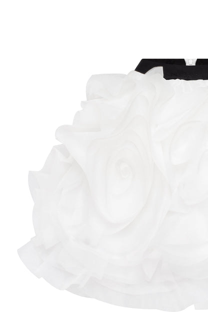 DANCEABLE MINI SKIRT WITH RUCHED FLOWER APPLIQUES IN WHITE, MIDNIGHT WALK