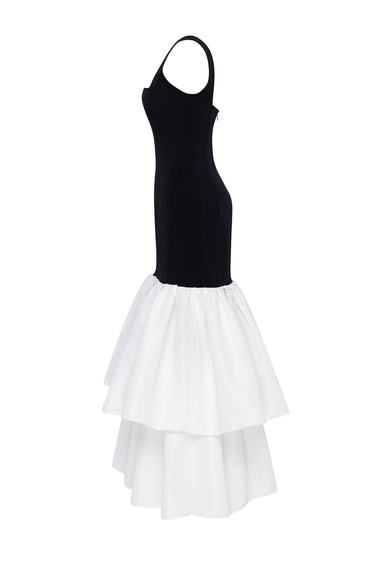 BLACK FITTED MAXI DRESS WITH WHITE PUFFY TIERED SKIRT, PARISIENNE