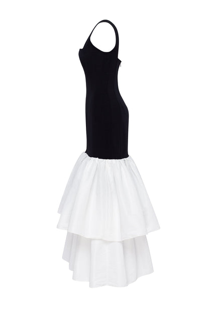 BLACK FITTED MAXI DRESS WITH WHITE PUFFY TIERED SKIRT, PARISIENNE