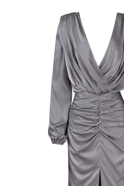 FANCY SILVER SILK MAXI EVENING DRESS