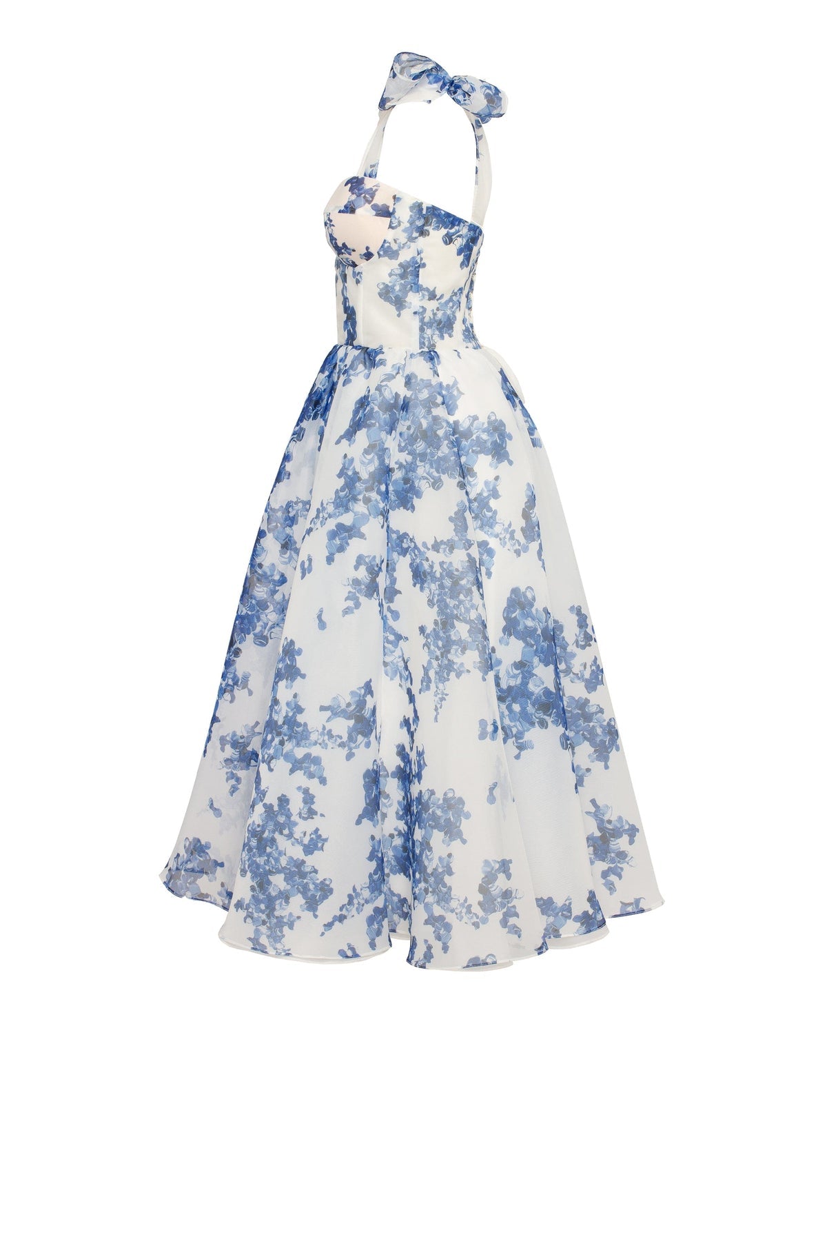CHARMING BLUE HYDRANGEA-PATTERNED ORGANZA MIDI DRESS, GARDEN OF EDEN