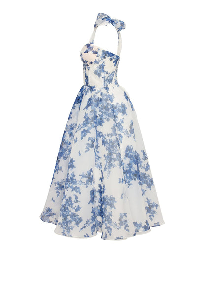 CHARMING BLUE HYDRANGEA-PATTERNED ORGANZA MIDI DRESS, GARDEN OF EDEN