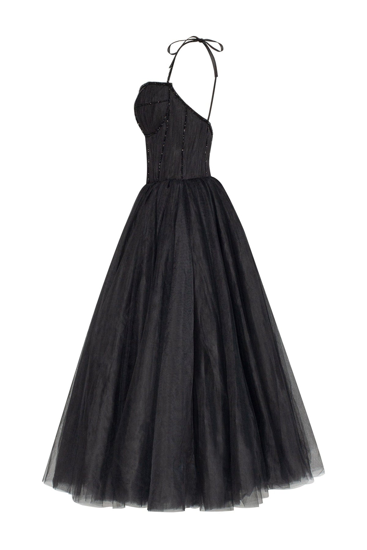 BLACK TIE-STRAP COCKTAIL DRESS WITH THE ELEGANT CORSET EMBROIDERY