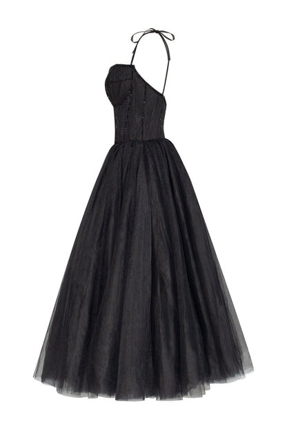 BLACK TIE-STRAP COCKTAIL DRESS WITH THE ELEGANT CORSET EMBROIDERY