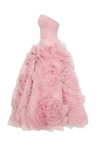 DRAMATICALLY FLOWERED TULLE DRESS IN MISTY PINK
