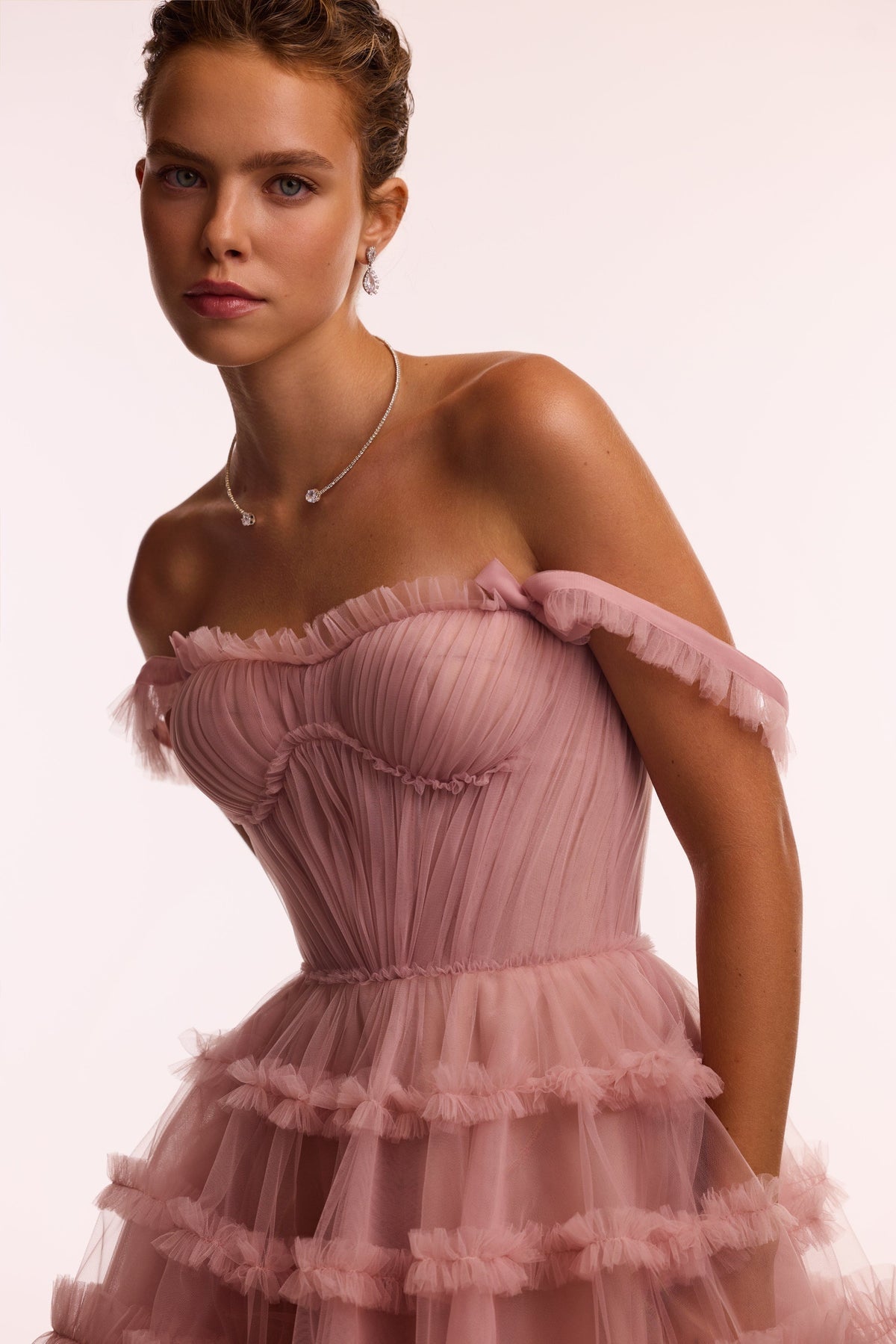 FLIRTY RUFFLED TULLE MINI DRESS IN MISTY ROSE, GLOW-UP