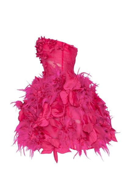 EPIC FUCHSIA TULLE MINI DRESS WITH FLORAL AND FEATHER APPLICATION