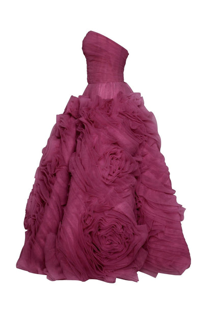 DRAMATICALLY FLOWERED TULLE DRESS IN WINE COLOR