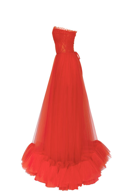 AIRY TULLE MAXI DRESS IN FIERY CORAL