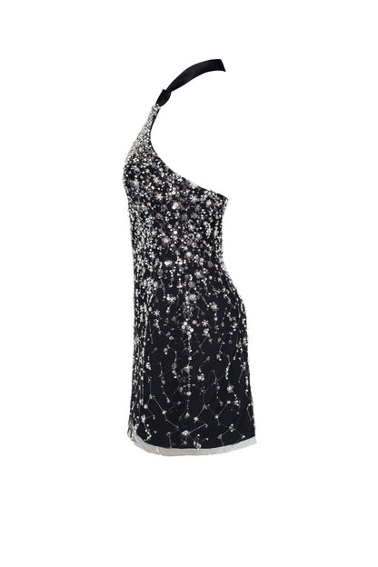 STRIKING HALTERNECK CRYSTAL-EMBELLISHED MINI DRESS, XO XO