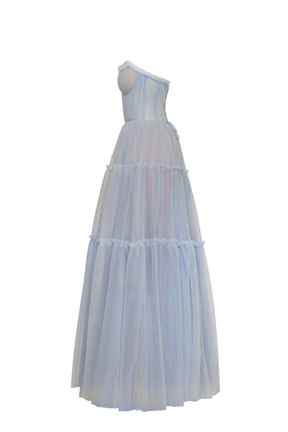 CLOUDY BLUE TULLE MAXI DRESS WITH RUFFLED SKIRT, GARDEN OF EDEN