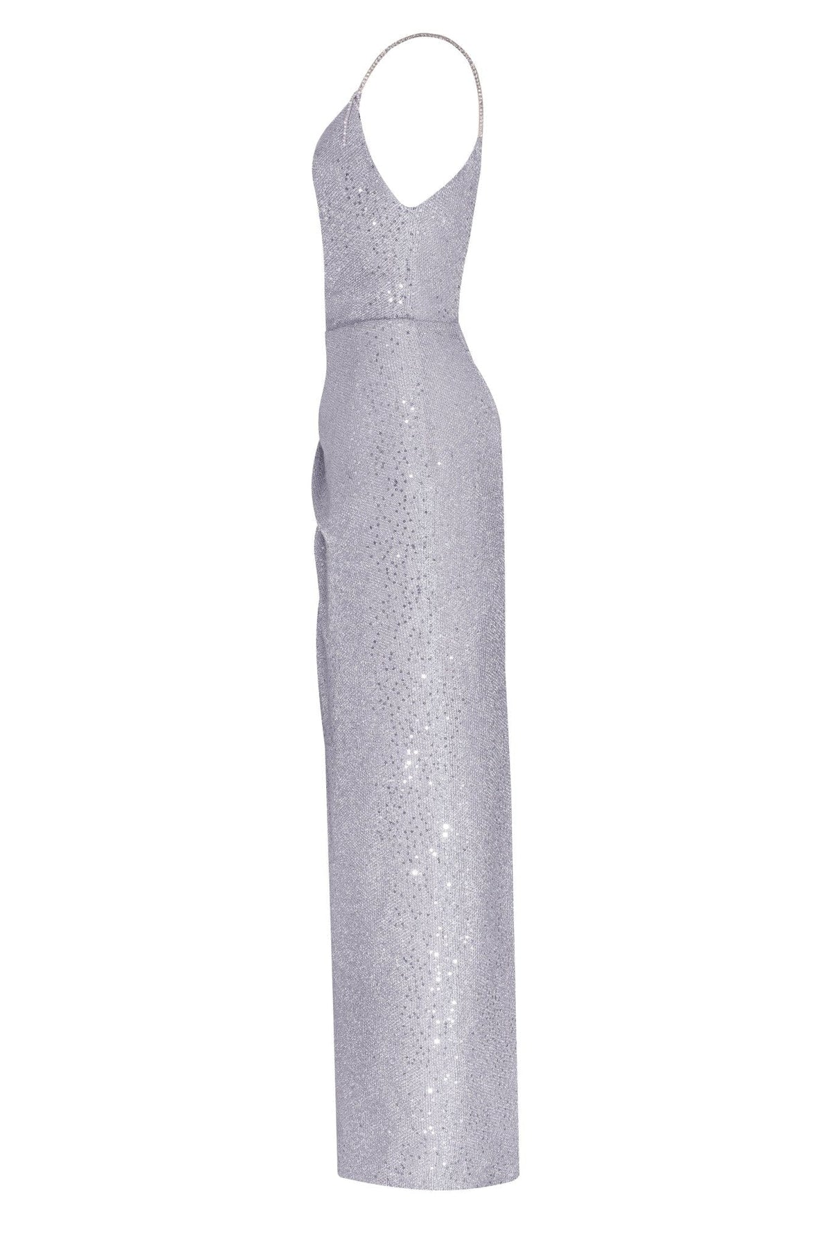 SPAGHETTI STRAPS SILVER SPARKLING WRAPPED MAXI DRESS