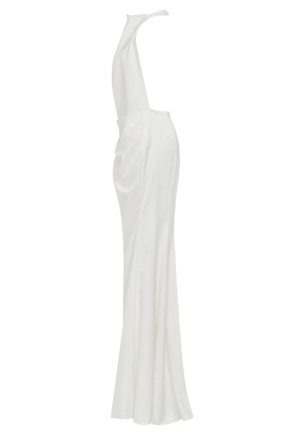 WHITE MOCK NECK SLEEVELESS LOW SLIT DRESS
