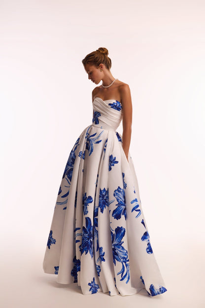 WONDERFUL WHITE A-LINE MAXI DRESS WITH BLUE FLOWERS, GLOW-UP