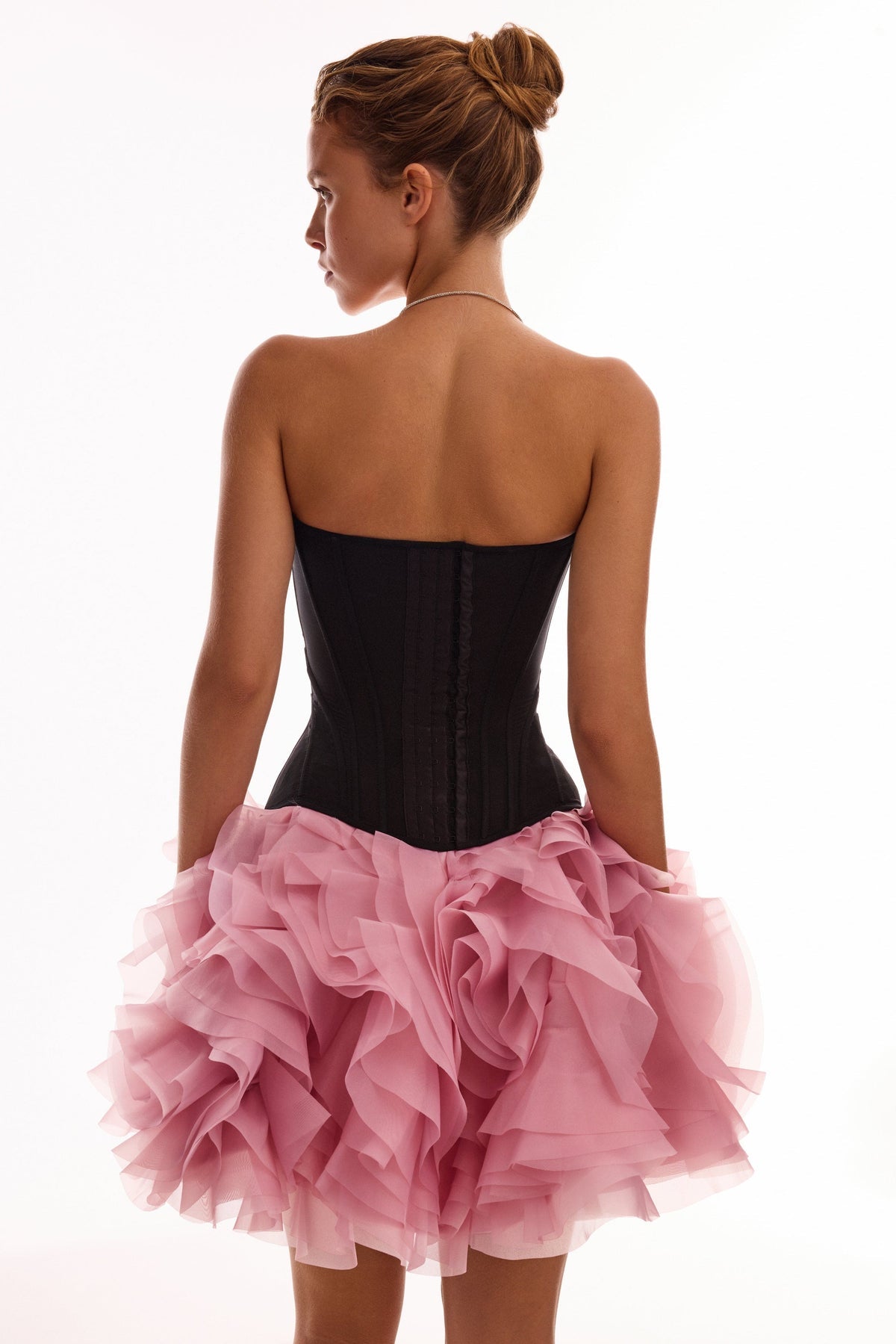 DANCEABLE MINI SKIRT WITH RUCHED FLOWER APPLIQUES IN PINK, MIDNIGHT WALK
