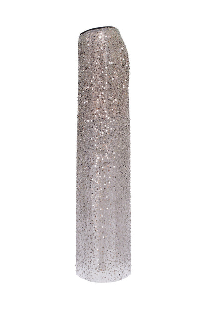 SHOWSTOPPER FULLY SEQUINED SILVER FITTED MAXI SKIRT, MIDNIGHT WALK