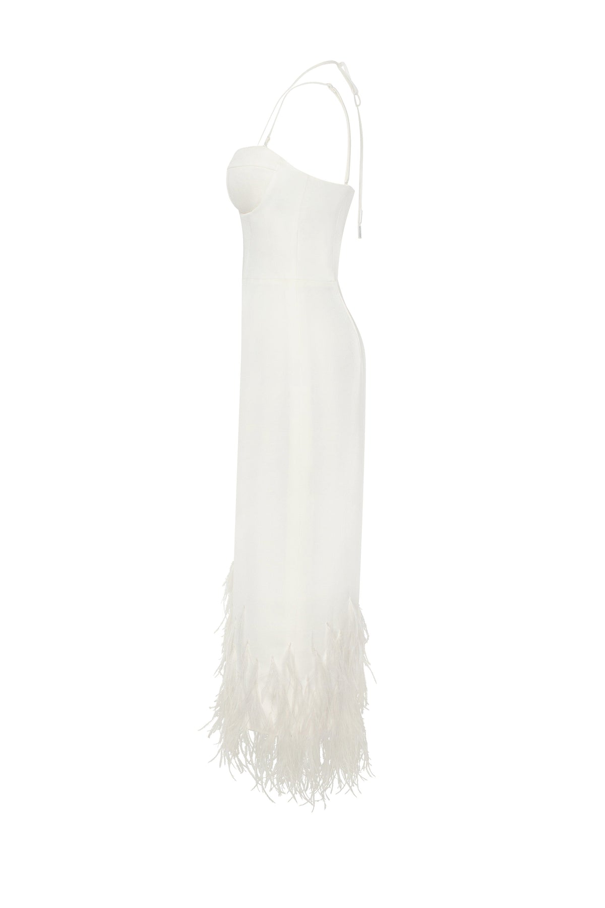 WHITE COCKTAIL DRESS DECORATED WITH FEATHERS, XO XO