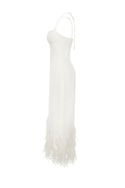 WHITE COCKTAIL DRESS DECORATED WITH FEATHERS, XO XO