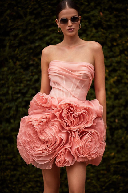 APPLIQUED ORGANZA CORAL MINI DRESS