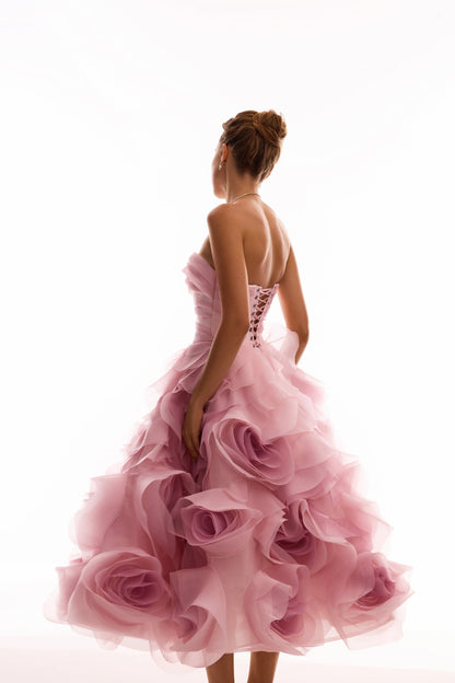 DRAMATIC FLOWERED ORGANZA MIDI DRESS IN MISTY ROSE, GLOW-UP